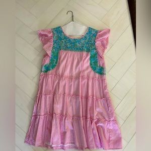 J Marie Pink & White check tired dress w/ blue/ green embroidered ruffle sleeves